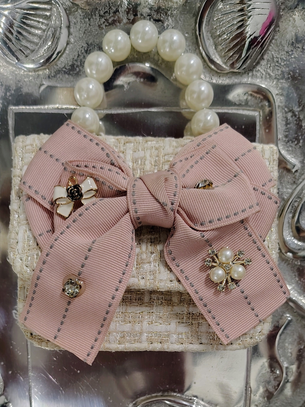 Girl's Elegant Little Ivory Tweed Purse: Pearl-Handle, Pink Bow Embellished